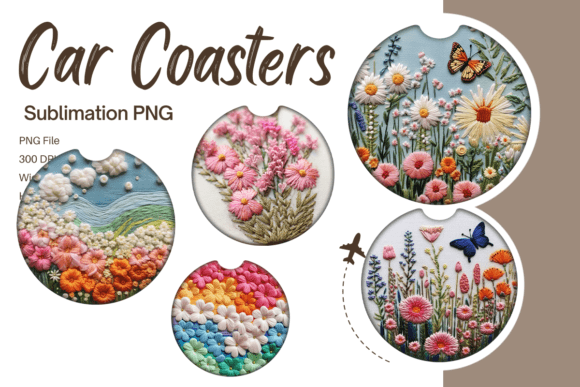 3D Flower Embroidery Car Coaster Set PNG